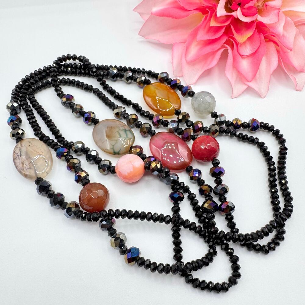Dramatic 56” Black Bead & Dyed Agate Flapper Length Necklace Evening Sparkling